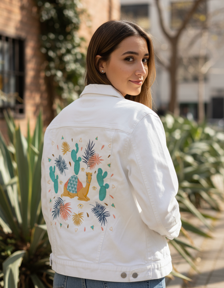 CAMEL by HEND SHEHATA, digitally printed on DENIM products: throw pillows, aprons, table place mats, and hand-made Unisex Denim Jackets in 3 color choices