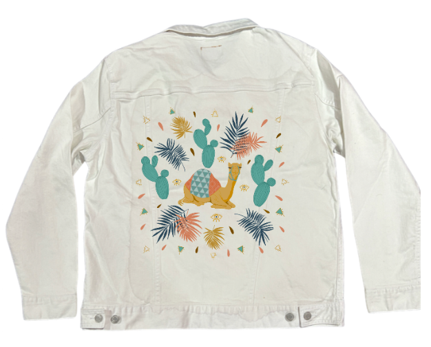 CAMEL by HEND SHEHATA, digitally printed on DENIM products: throw pillows, aprons, table place mats, and hand-made Unisex Denim Jackets in 3 color choices