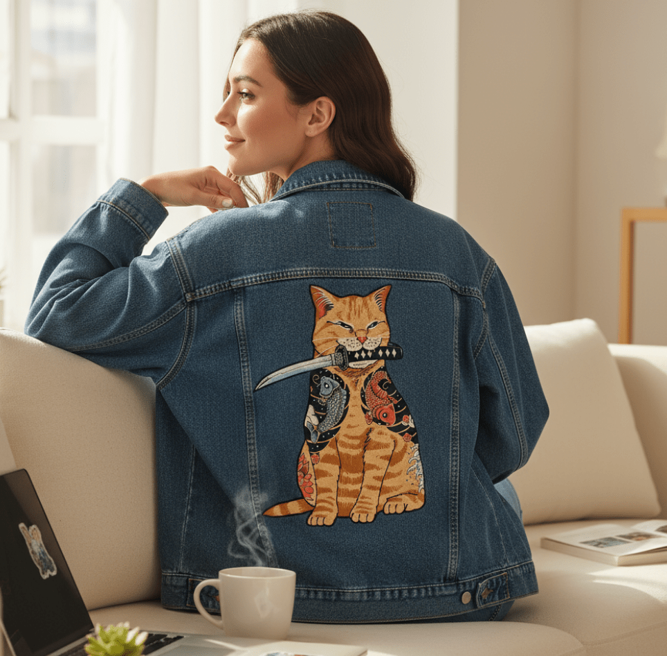 CATANA by VINCENT TRINIDAD, digitally printed on DENIM products: throw pillows, aprons, table place mats, and hand-made Unisex Denim Jackets in 3 color choices CATANA by VINCENT TRINIDAD, digitally printed on DENIM products: throw pillows, aprons, table place mats, and hand-made Unisex Denim Jackets in 3 color choices