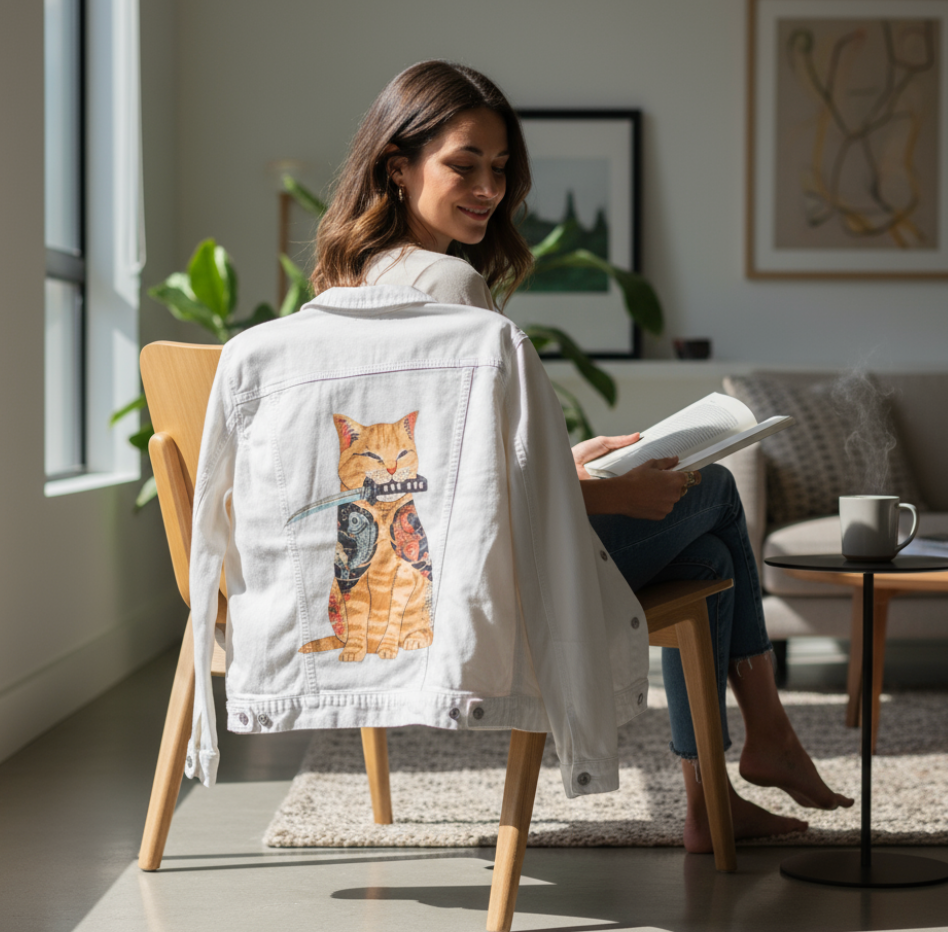 CATANA by VINCENT TRINIDAD, digitally printed on DENIM products: throw pillows, aprons, table place mats, and hand-made Unisex Denim Jackets in 3 color choices