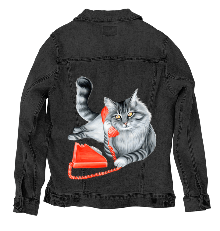 CAT ON THE PHONE by AMELIA LEGAULT, digitally printed on DENIM products: throw pillows, aprons, table place mats, and hand-made Unisex Denim Jackets in 3 color choices CAT ON THE PHONE by AMELIA LEGAULT, digitally printed on DENIM products: throw pillows, aprons, table place mats, and hand-made Unisex Denim Jackets in 3 color choices