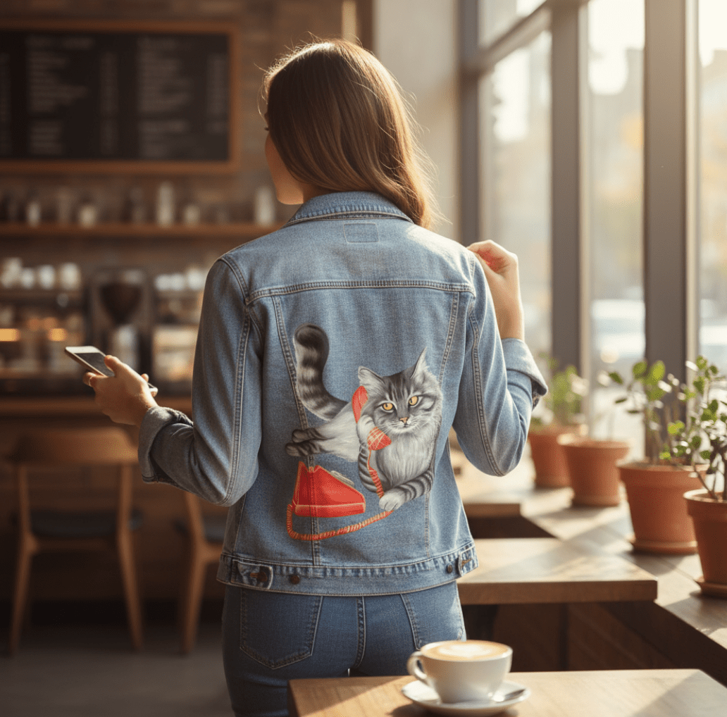 CAT ON THE PHONE by AMELIA LEGAULT, digitally printed on DENIM products: throw pillows, aprons, table place mats, and hand-made Unisex Denim Jackets in 3 color choices CAT ON THE PHONE by AMELIA LEGAULT, digitally printed on DENIM products: throw pillows, aprons, table place mats, and hand-made Unisex Denim Jackets in 3 color choices