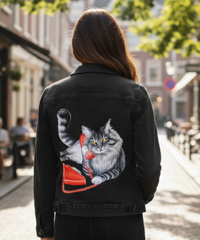 CAT ON THE PHONE by AMELIA LEGAULT, digitally printed on DENIM products: throw pillows, aprons, table place mats, and hand-made Unisex Denim Jackets in 3 color choices