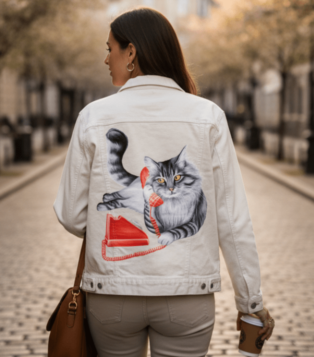 CAT ON THE PHONE by AMELIA LEGAULT, digitally printed on DENIM products: throw pillows, aprons, table place mats, and hand-made Unisex Denim Jackets in 3 color choices CAT ON THE PHONE by AMELIA LEGAULT, digitally printed on DENIM products: throw pillows, aprons, table place mats, and hand-made Unisex Denim Jackets in 3 color choices