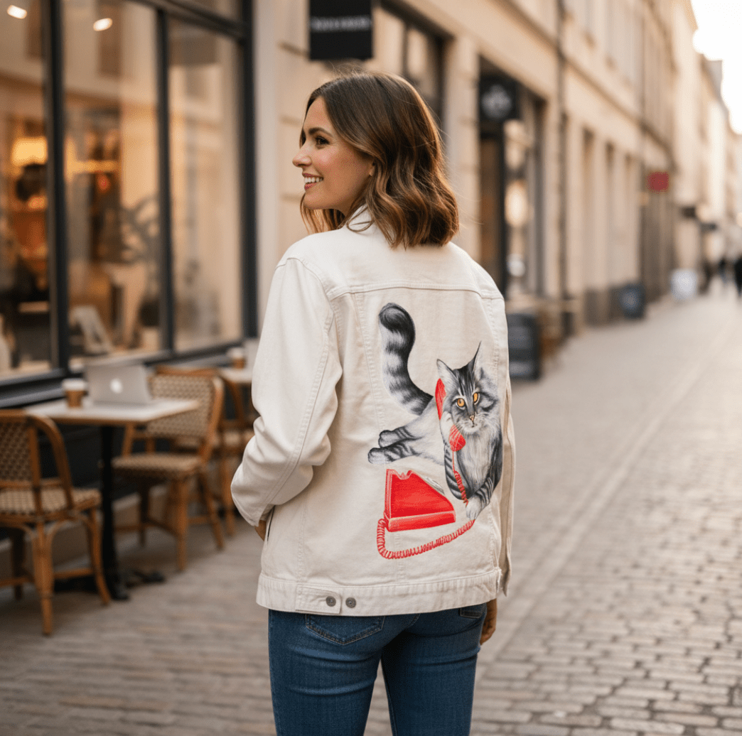 CAT ON THE PHONE by AMELIA LEGAULT, digitally printed on DENIM products: throw pillows, aprons, table place mats, and hand-made Unisex Denim Jackets in 3 color choices CAT ON THE PHONE by AMELIA LEGAULT, digitally printed on DENIM products: throw pillows, aprons, table place mats, and hand-made Unisex Denim Jackets in 3 color choices