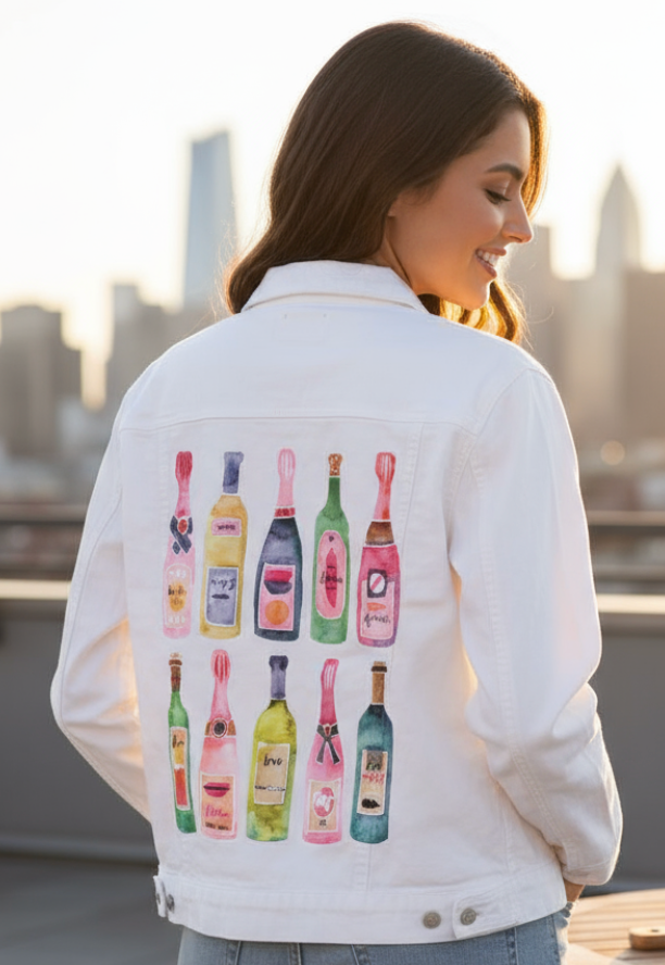 Champagne Collection by CatCoq, printed on a hand-made Unisex Denim Jacket
