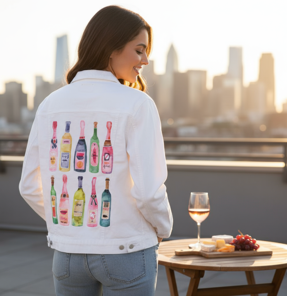 CHAMPGANE COLLECTION by CatCoq, digitally printed on DENIM products: throw pillows, aprons, table place mats, and hand-made Unisex Denim Jackets in 3 color choices