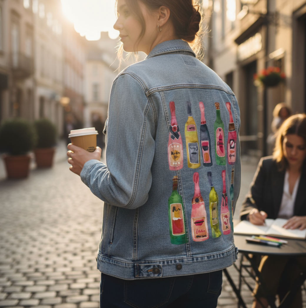 CHAMPGANE COLLECTION by CatCoq, digitally printed on DENIM products: throw pillows, aprons, table place mats, and hand-made Unisex Denim Jackets in 3 color choices