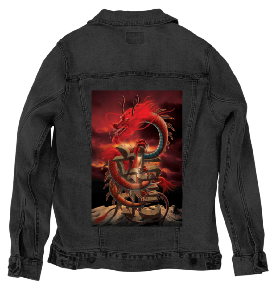 CHINESE DRAGON by VINCENT HIE, digitally printed on DENIM products: throw pillows, aprons, table place mats, and hand-made Unisex Denim Jackets in 3 color choices