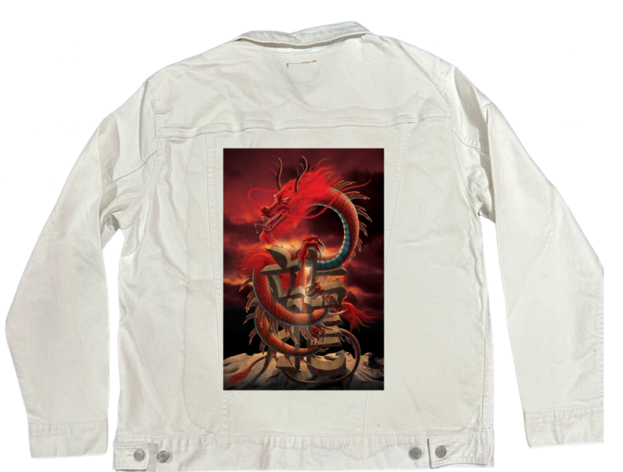 CHINESE DRAGON by VINCENT HIE, digitally printed on DENIM products: throw pillows, aprons, table place mats, and hand-made Unisex Denim Jackets in 3 color choices