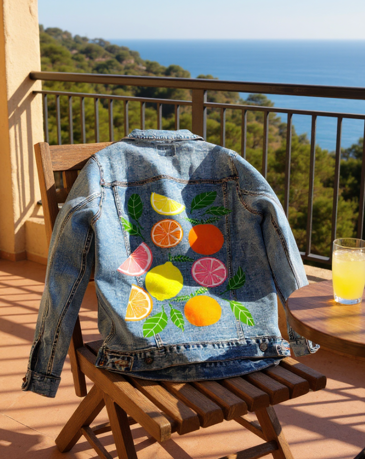 CITRUS BLOOM by HEND SHEHATA, digitally printed on DENIM products: throw pillows, aprons, table place mats, and hand-made Unisex Denim Jackets in 3 color choices