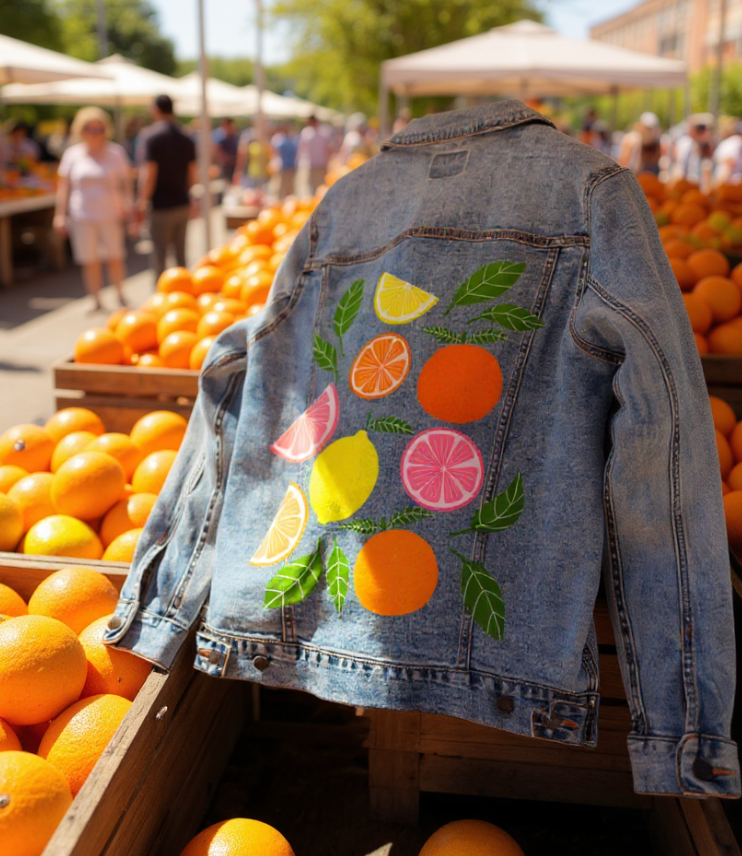 CITRUS BLOOM by HEND SHEHATA, digitally printed on DENIM products: throw pillows, aprons, table place mats, and hand-made Unisex Denim Jackets in 3 color choices