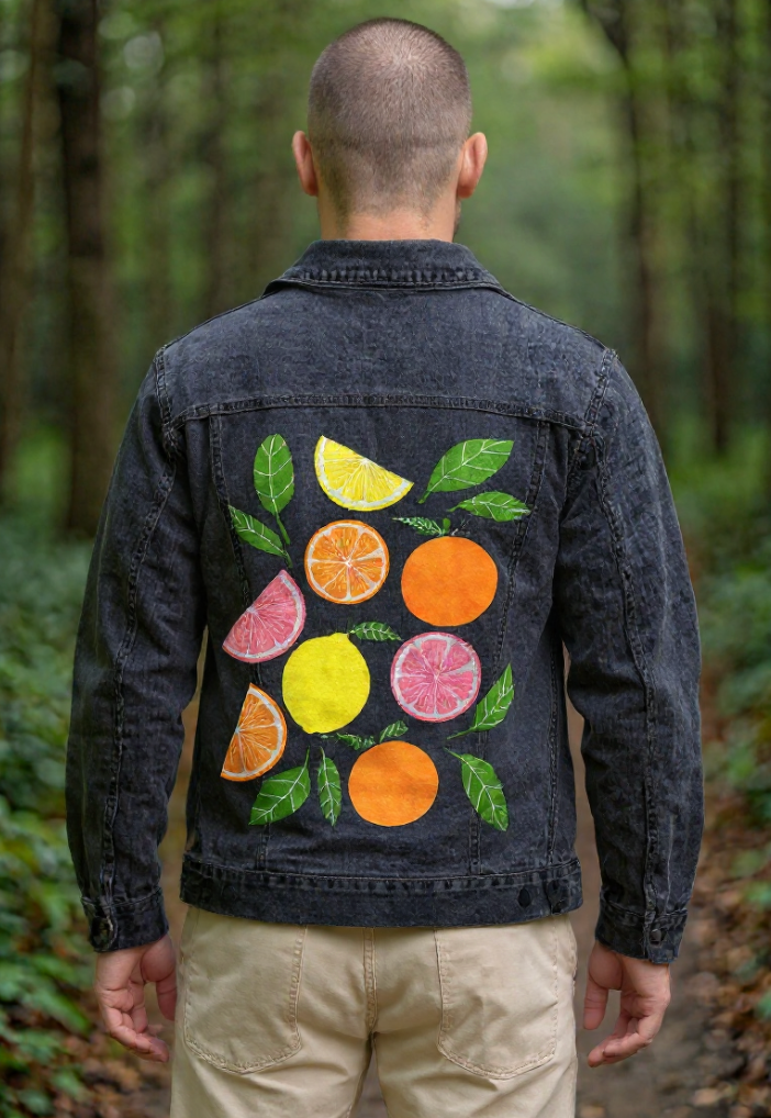 CITRUS BLOOM by HEND SHEHATA, digitally printed on DENIM products: throw pillows, aprons, table place mats, and hand-made Unisex Denim Jackets in 3 color choices