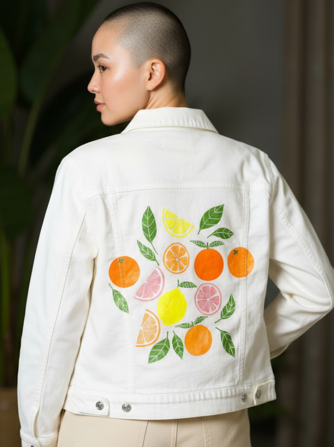 CITRUS BLOOM by HEND SHEHATA, digitally printed on a hand-made Unisex Denim Jacket