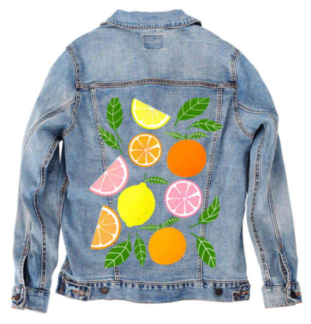 CITRUS BLOOM by HEND SHEHATA, digitally printed on DENIM products: throw pillows, aprons, table place mats, and hand-made Unisex Denim Jackets in 3 color choices