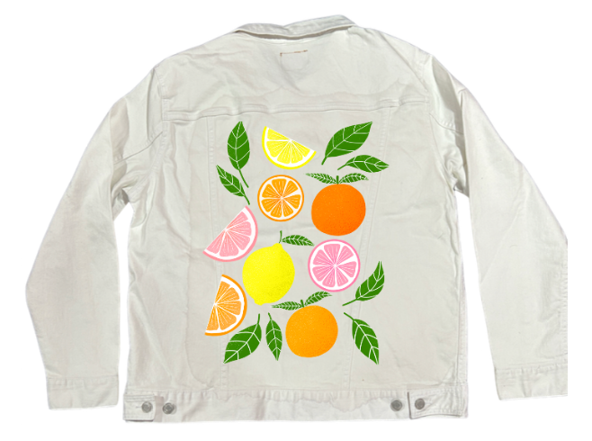 CITRUS BLOOM by HEND SHEHATA, digitally printed on DENIM products: throw pillows, aprons, table place mats, and hand-made Unisex Denim Jackets in 3 color choices