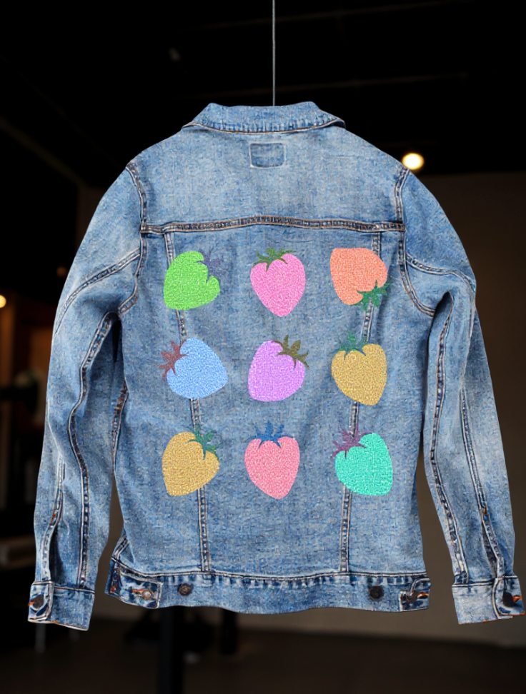 COLORED BERRIES by HEND SHEHATA, digitally printed on DENIM products: throw pillows, aprons, table place mats, and hand-made Unisex Denim Jackets in 3 color choices