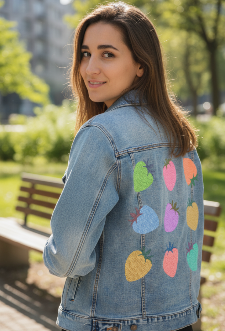 COLORED BERRIES by HEND SHEHATA, digitally printed on DENIM products: throw pillows, aprons, table place mats, and hand-made Unisex Denim Jackets in 3 color choices