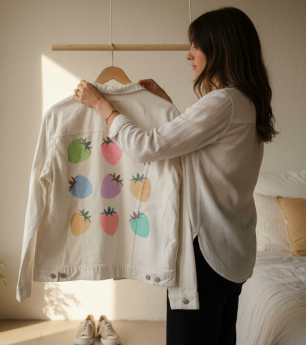 COLORED BERRIES by HEND SHEHATA, digitally printed on DENIM products: throw pillows, aprons, table place mats, and hand-made Unisex Denim Jackets in 3 color choices