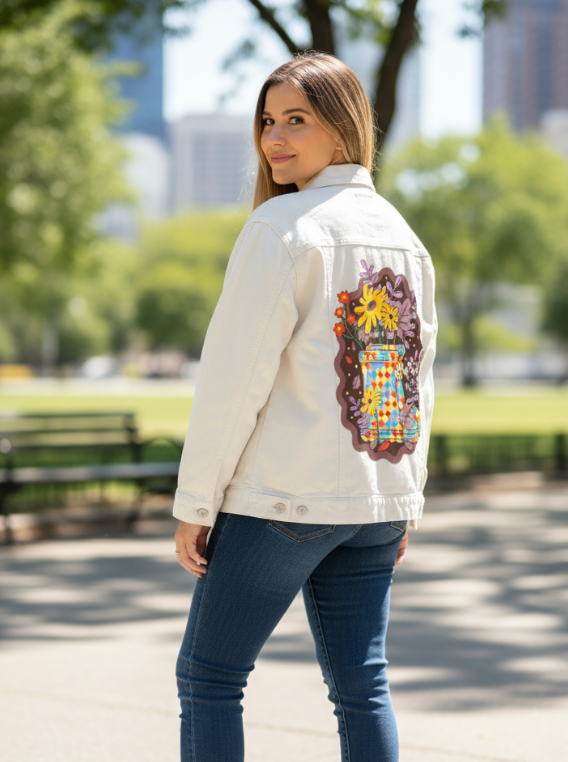 COLORFALL SEASON BOOTS by IndySign, digitally printed on DENIM products: throw pillows, aprons, table place mats, and hand-made Unisex Denim Jackets in 3 color choices