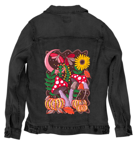 COLORFALL SEASON SHROOMS AND MOTHS by IndySign, digitally printed on DENIM products: throw pillows, aprons, table place mats, and hand-made Unisex Denim Jackets in 3 color choices