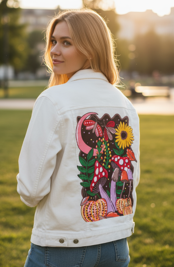 COLORFALL SEASON SHROOMS AND MOTHS by IndySign, digitally printed on DENIM products: throw pillows, aprons, table place mats, and hand-made Unisex Denim Jackets in 3 color choices