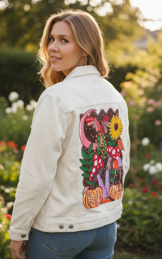 COLORFALL SEASON SHROOMS AND MOTHS by IndySign, digitally printed on DENIM products: throw pillows, aprons, table place mats, and hand-made Unisex Denim Jackets in 3 color choices