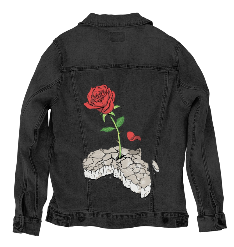 CONCRETE ROSE, by THE NYGERIANS, digitally printed on DENIM products: throw pillows, aprons, table place mats, and hand-made Unisex Denim Jackets in 3 color choices