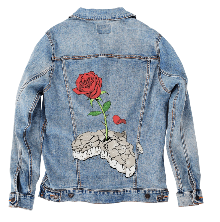 CONCRETE ROSE, by THE NYGERIANS, digitally printed on DENIM products: throw pillows, aprons, table place mats, and hand-made Unisex Denim Jackets in 3 color choices