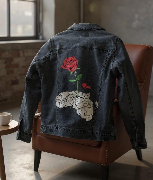 CONCRETE ROSE, by THE NYGERIANS, digitally printed on DENIM products: throw pillows, aprons, table place mats, and hand-made Unisex Denim Jackets in 3 color choices