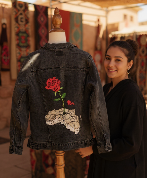 CONCRETE ROSE, by THE NYGERIANS, digitally printed on DENIM products: throw pillows, aprons, table place mats, and hand-made Unisex Denim Jackets in 3 color choices