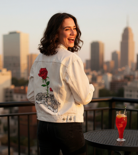 CONCRETE ROSE, by THE NYGERIANS, digitally printed on DENIM products: throw pillows, aprons, table place mats, and hand-made Unisex Denim Jackets in 3 color choices