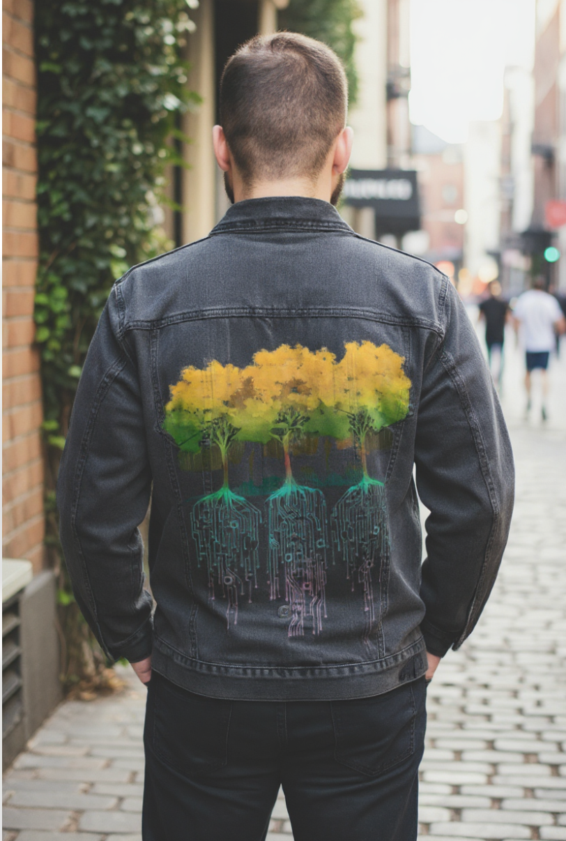 CONNECTION FOREST by TOBE FONSECA, digitally printed on DENIM products: throw pillows, aprons, table place mats, and hand-made Unisex Denim Jackets in 3 color choices