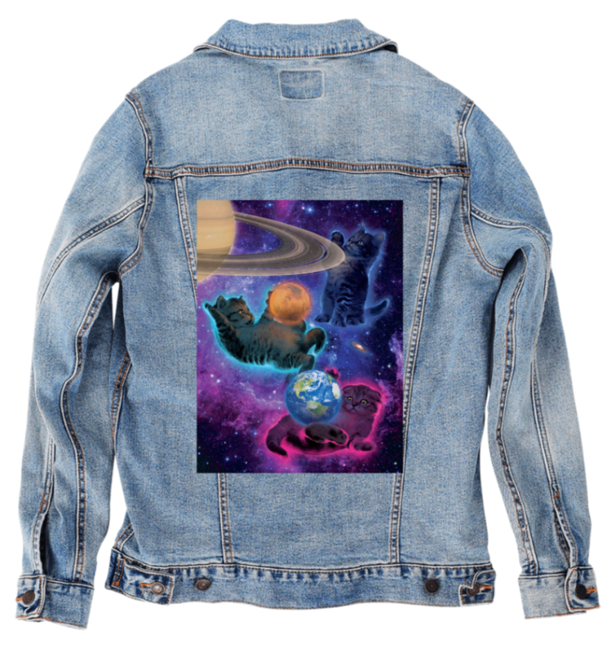 COSMIC KITTENS by VINCENT HIE, digitally printed on DENIM products: throw pillows, aprons, table place mats, and hand-made Unisex Denim Jackets in 3 color choices