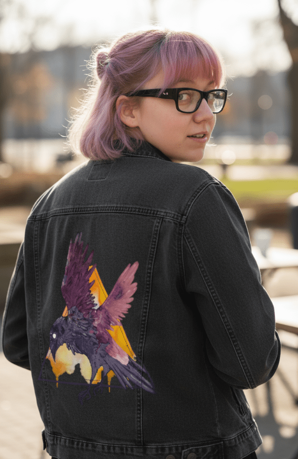 CROW WATERCOLOUR by JESS ADAMS, digitally printed on DENIM products: throw pillows, aprons, table place mats, and hand-made Unisex Denim Jackets in 3 color choices CROW WATERCOLOUR by JESS ADAMS, digitally printed on DENIM products: throw pillows, aprons, table place mats, and hand-made Unisex Denim Jackets in 3 color choices