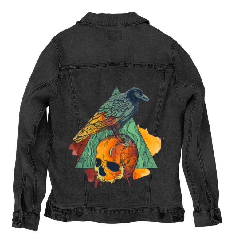 CROW by JESS ADAMS, digitally printed on DENIM products: throw pillows, aprons, table place mats, and hand-made Unisex Denim Jackets in 3 color choices