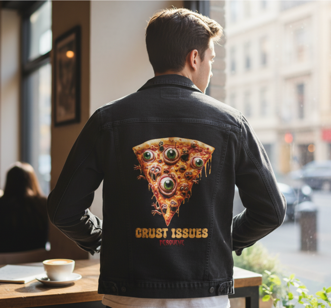 CRUST ISSUES by DeROUCHE DESIGNS, digitally printed on DENIM products: throw pillows, aprons, table place mats, and hand-made Unisex Denim Jackets in 3 color choices