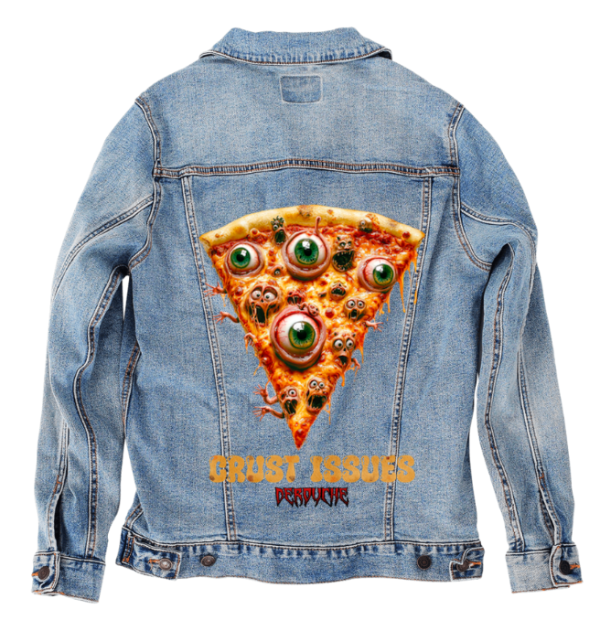 CRUST ISSUES by DeROUCHE DESIGNS, digitally printed on DENIM products: throw pillows, aprons, table place mats, and hand-made Unisex Denim Jackets in 3 color choices