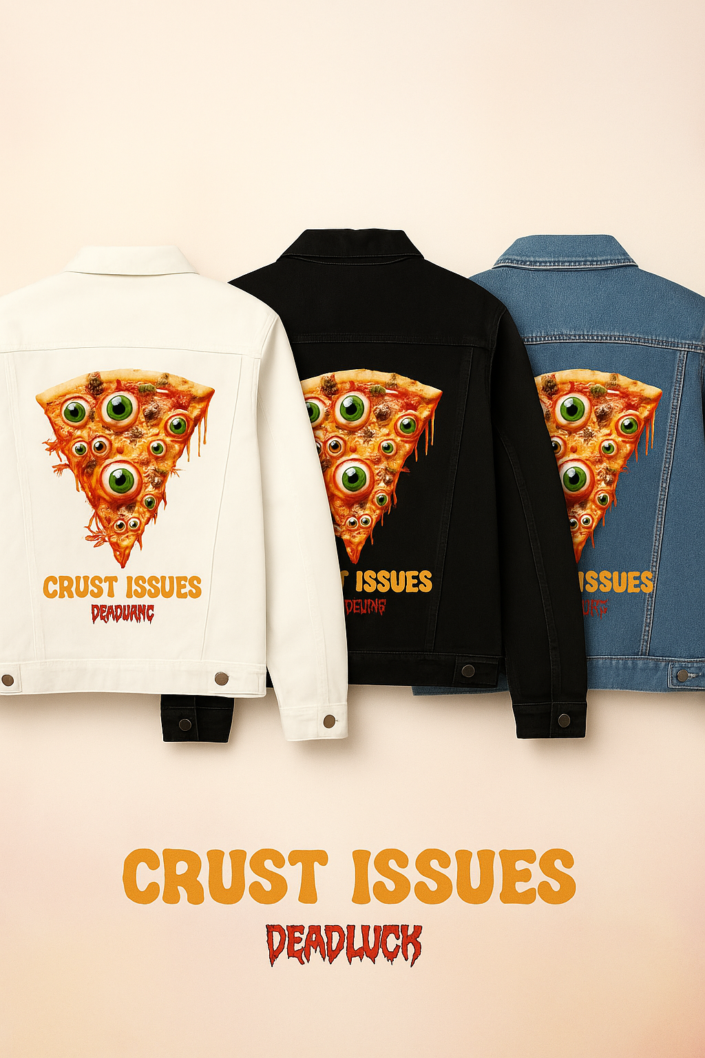 CRUST ISSUES by DeROUCHE DESIGNS, digitally printed on DENIM products: throw pillows, aprons, table place mats, and hand-made Unisex Denim Jackets in 3 color choices