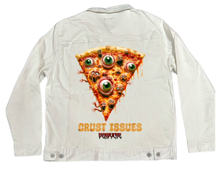 CRUST ISSUES by DeROUCHE DESIGNS, digitally printed on DENIM products: throw pillows, aprons, table place mats, and hand-made Unisex Denim Jackets in 3 color choices
