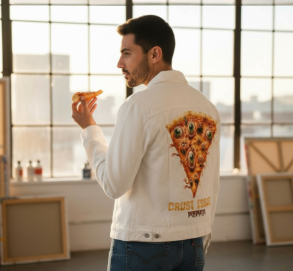 CRUST ISSUES by DeROUCHE DESIGNS, digitally printed on DENIM products: throw pillows, aprons, table place mats, and hand-made Unisex Denim Jackets in 3 color choices