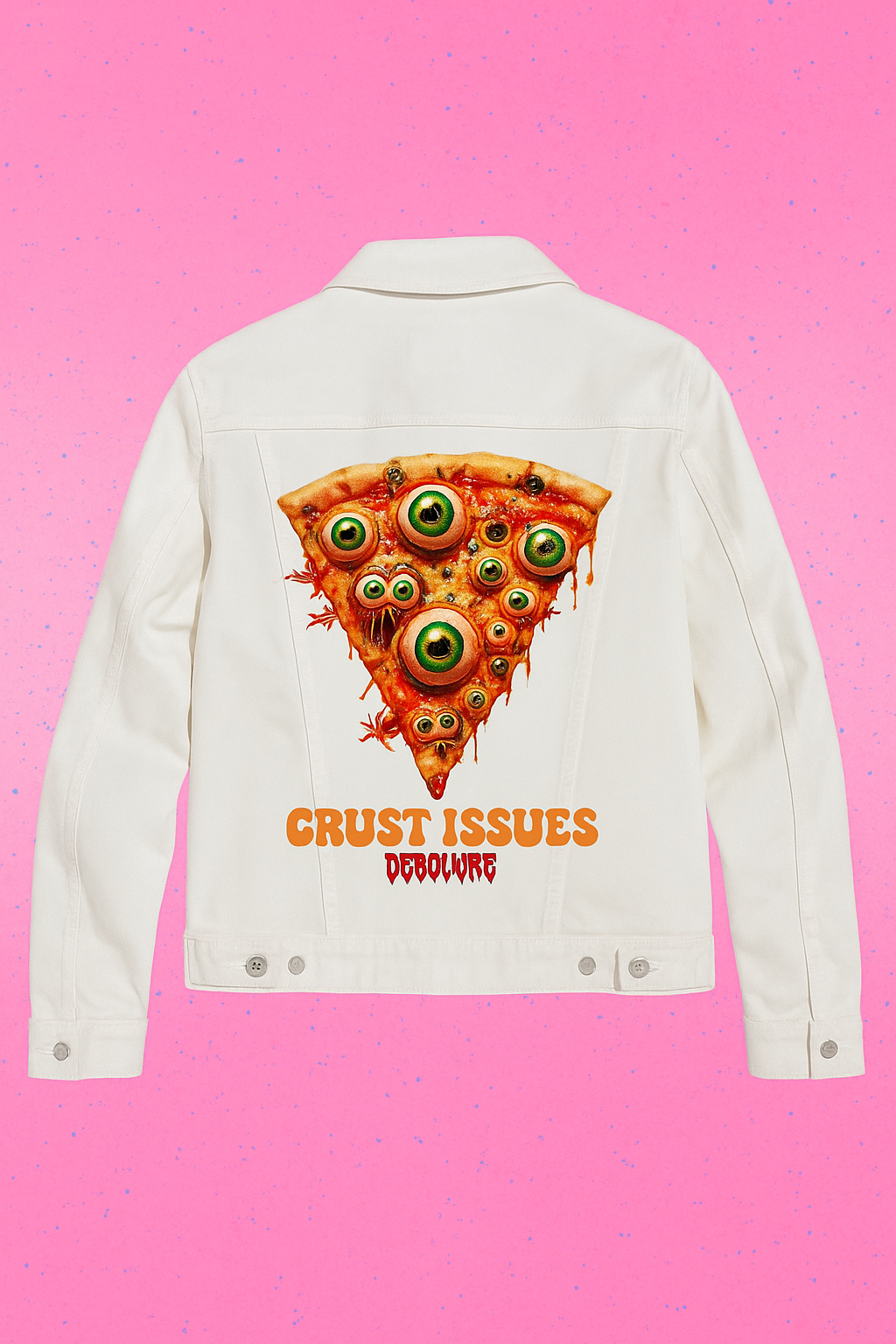 CRUST ISSUES by DeROUCHE DESIGNS, digitally printed on DENIM products: throw pillows, aprons, table place mats, and hand-made Unisex Denim Jackets in 3 color choices