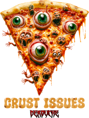 CRUST ISSUES by DeROUCHE DESIGNS, digitally printed on DENIM products: throw pillows, aprons, table place mats, and hand-made Unisex Denim Jackets in 3 color choices