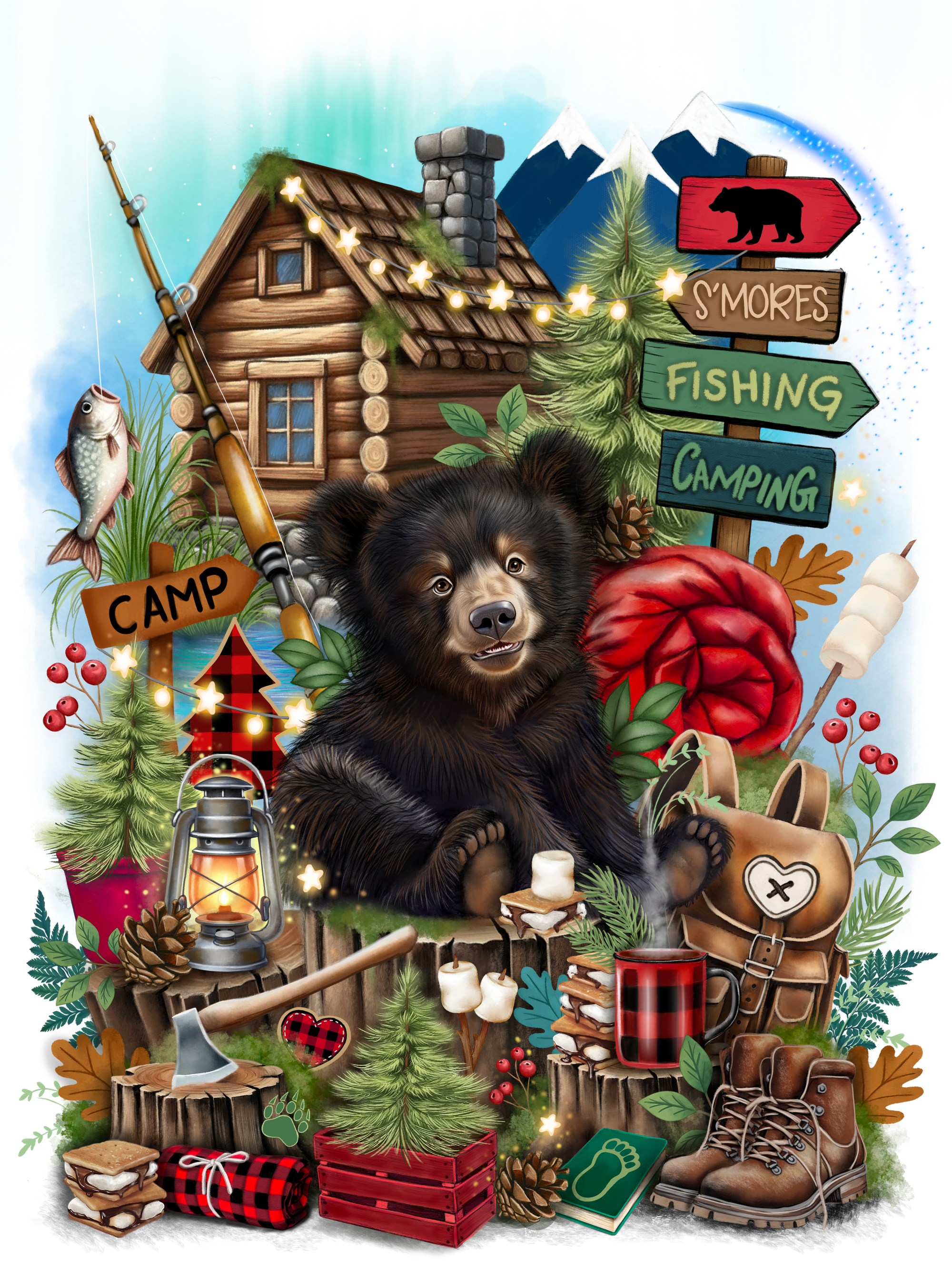 CAMPING COMPANION by SHEENA PIKE, digitally printed on DENIM products: throw pillows, aprons, table place mats, and hand-made Unisex Denim Jackets in 3 color choices