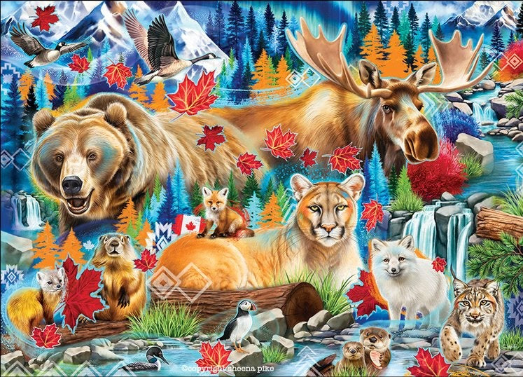 CANADIAN MAGIC by SHEENA PIKE, digitally printed on DENIM products: throw pillows, aprons, table place mats, and hand-made Unisex Denim Jackets in 3 color choices