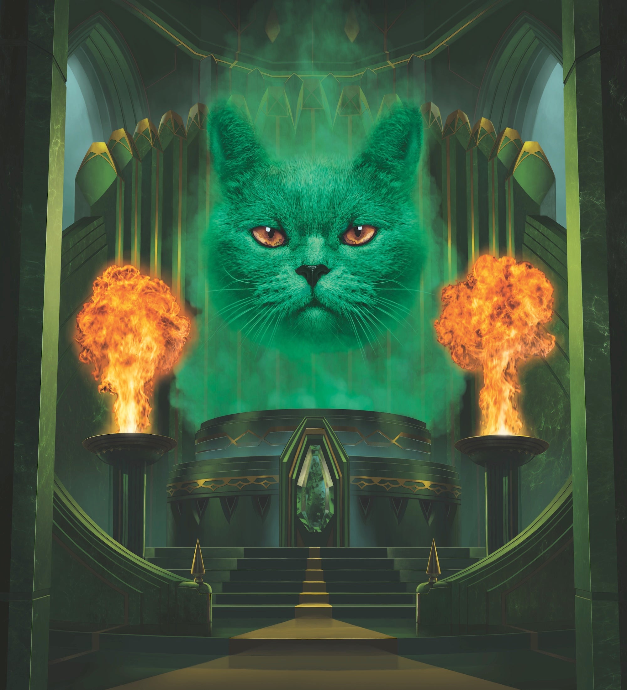 CAT THE GREAT AND POWERFUL by VINCENT HIE, digitally printed on DENIM products: throw pillows, aprons, table place mats, and hand-made Unisex Denim Jackets in 3 color choices