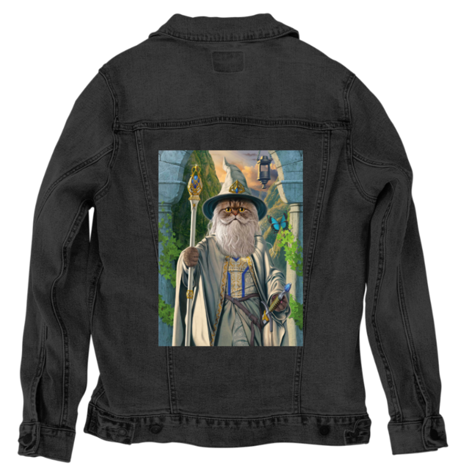 CATDALF THE WHITE by VINCENT HIE, digitally printed on DENIM products: throw pillows, aprons, table place mats, and hand-made Unisex Denim Jackets in 3 color choices