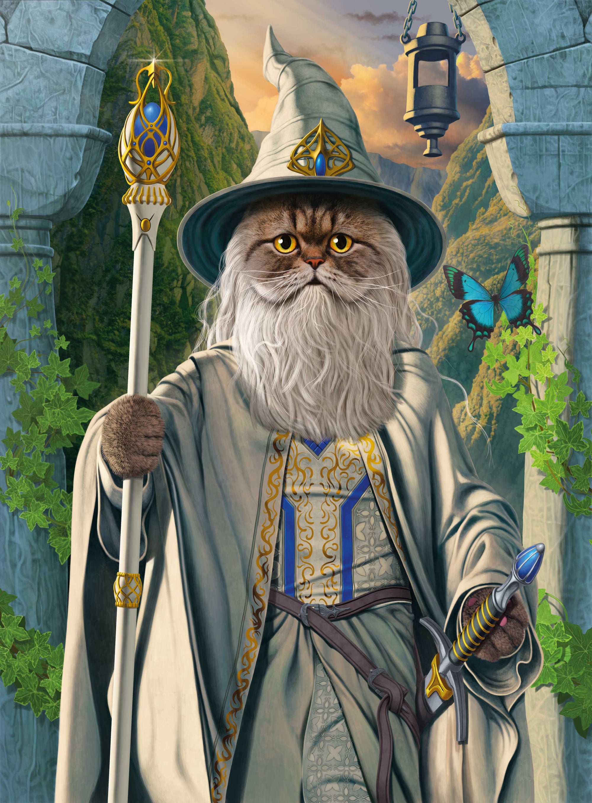 CATDALF THE WHITE by VINCENT HIE, digitally printed on DENIM products: throw pillows, aprons, table place mats, and hand-made Unisex Denim Jackets in 3 color choices