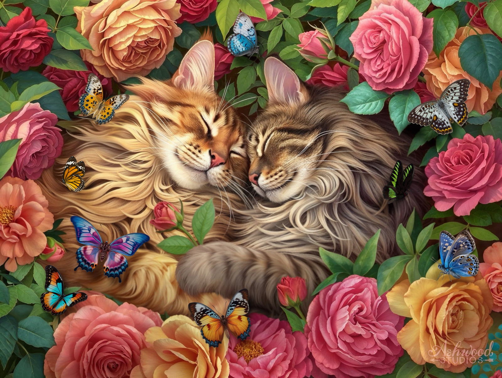 CATS IN LOVE ALT2 by BRIGID ASHWOOD, digitally printed on DENIM products: throw pillows, aprons, table place mats, and hand-made Unisex Denim Jackets in 3 color choices