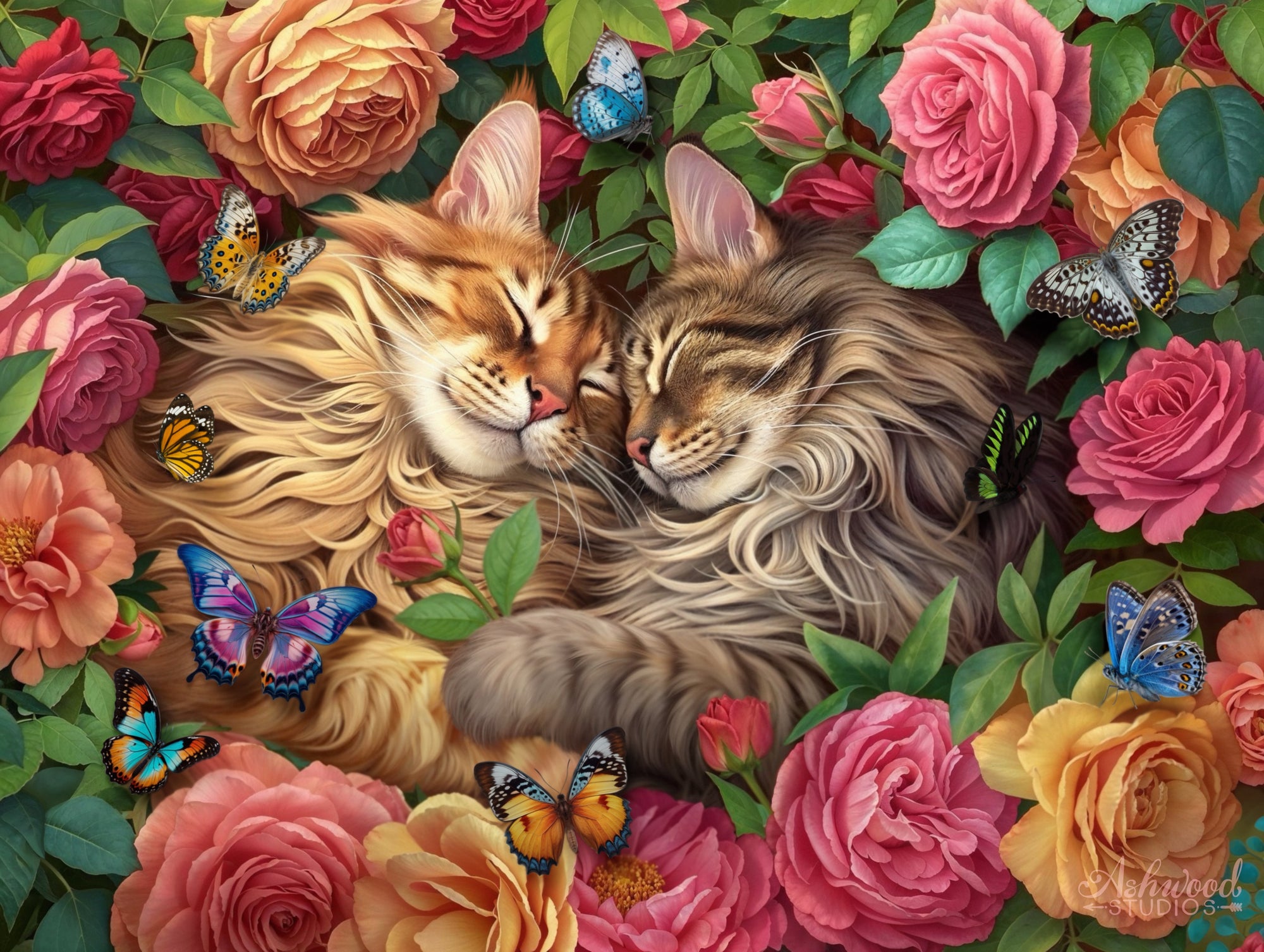 CATS IN LOVE ALT2 by BRIGID ASHWOOD, digitally printed on DENIM products: throw pillows, aprons, table place mats, and hand-made Unisex Denim Jackets in 3 color choices